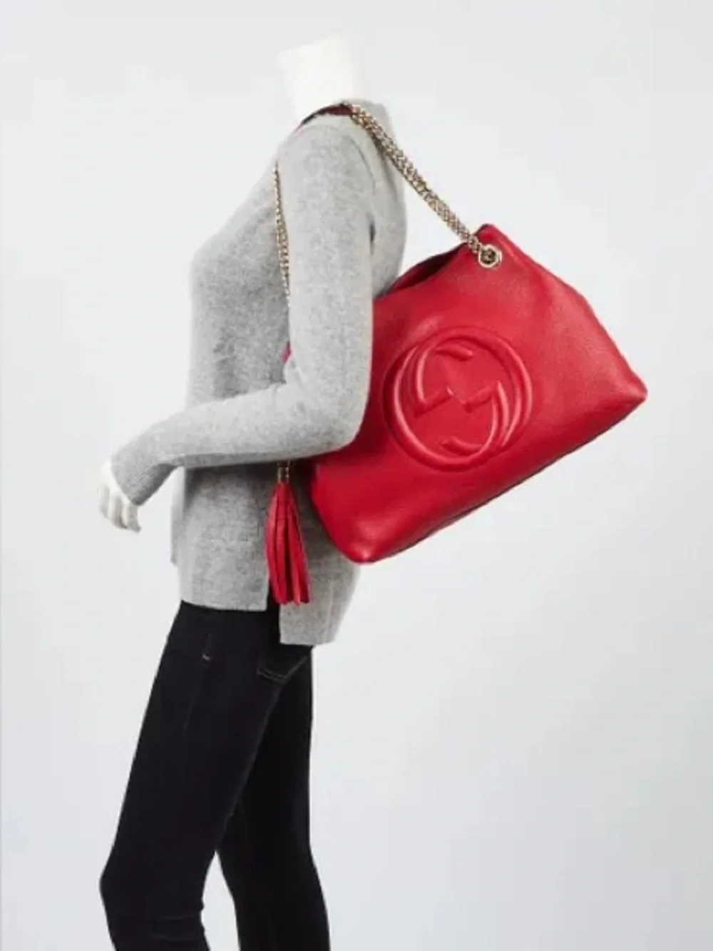 Gucci Soho Red Pebbled Leather Chain Tote Shoulder Bag GG Tassel Gold Dust Bag